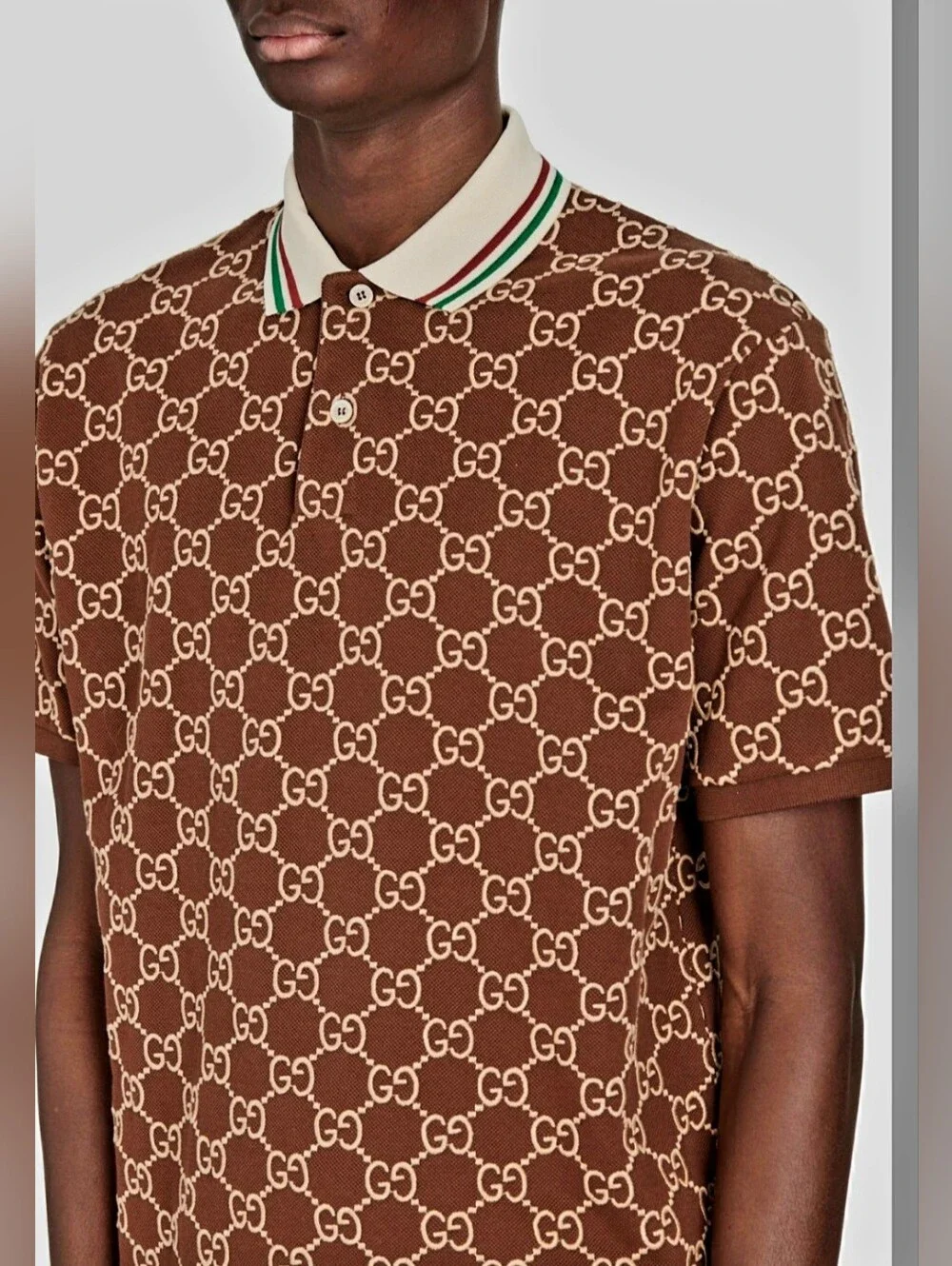 🇮🇹 Gucci Embroidered 👕Brown and Cream GG🇮🇹 Monogram Polo✨️